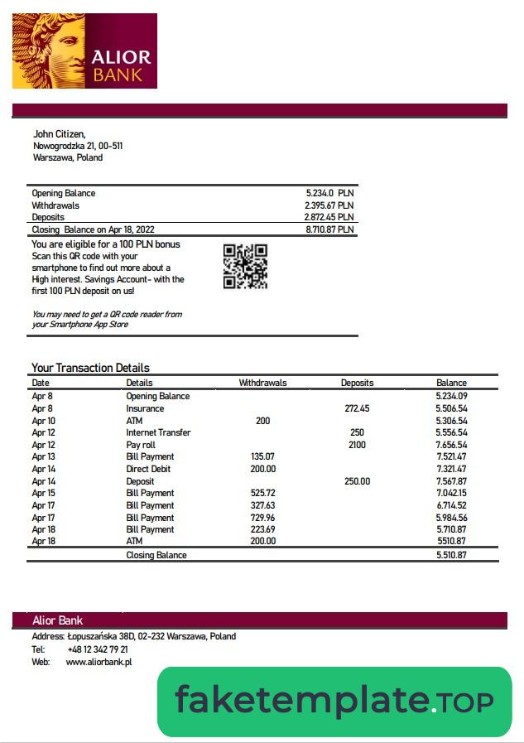 Feature of fake Poland Alior bank statement